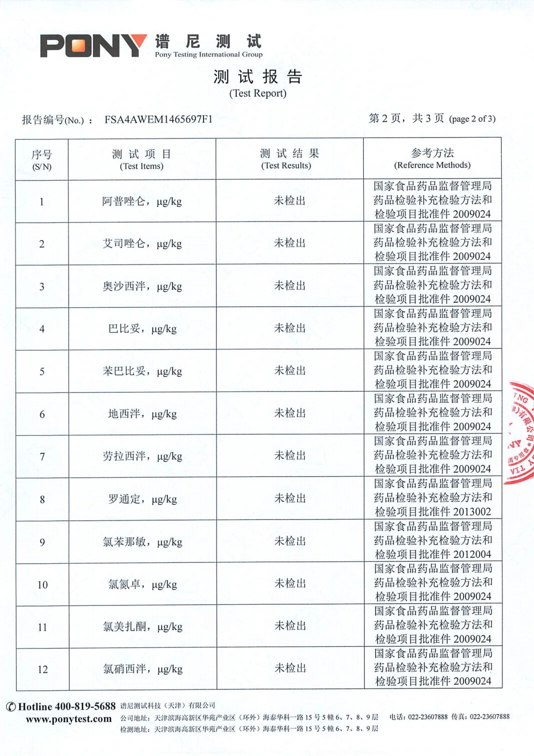 22 项西药成分检测·检测结果(1/2) 的报告扫描件